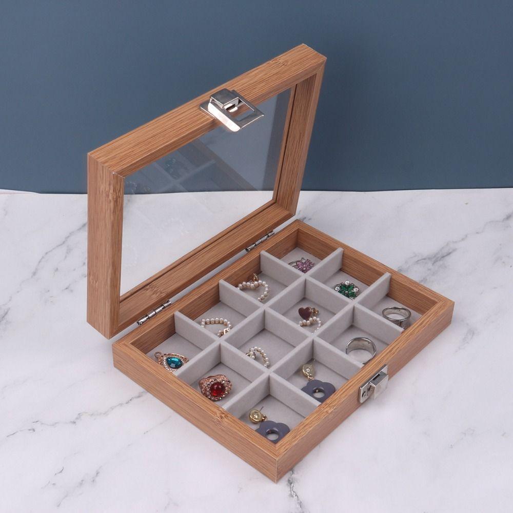 Glass Lid Wooden Jewelry Box Velvet Jewelry Display Tray Ring Case Jewelry Organizer  Women Gift