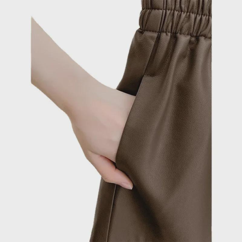 Apricot PU Leather High-Waist Wide-Leg Shorts for Autumn/Winter 2023 - Women's Fashion