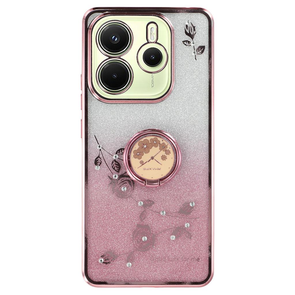 KADEM For Xiaomi Redmi Note 14 4G (163.25x76.55x8.16mm) Case Ring Kickstand TPU Flowers Phone Cover Gradient Glitter