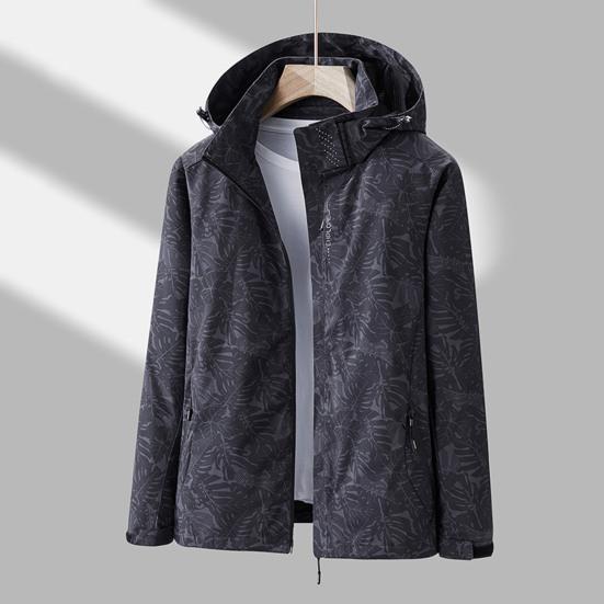 Women Jacket Stand Collar Detachable Hood Long Sleeve Casual Coat with Pockets Maple Leaves Print Zipper Placket Outwear