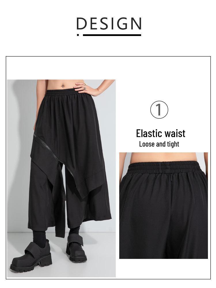 2025 Women's Autumn Elastic Waist Wide-Leg Culottes with Faux Two-Piece Design