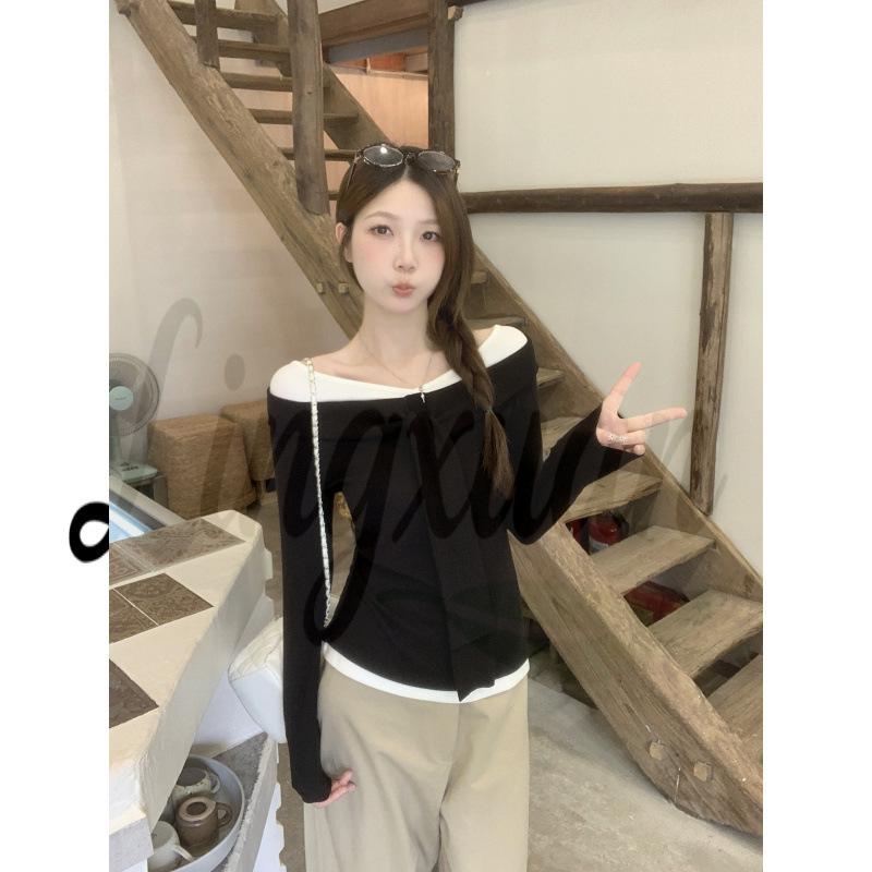 2026 Spring Plus Size Women s Color Block One-Shoulder Slim T-shirt XL чёрный