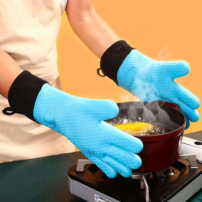 Lange Dikke Siliconen Handschoenen Hittebestendig Antislip Magnetron Ovenwanten Keuken BBQ Bakken Koken Canvas Stiksels Ovenwanten