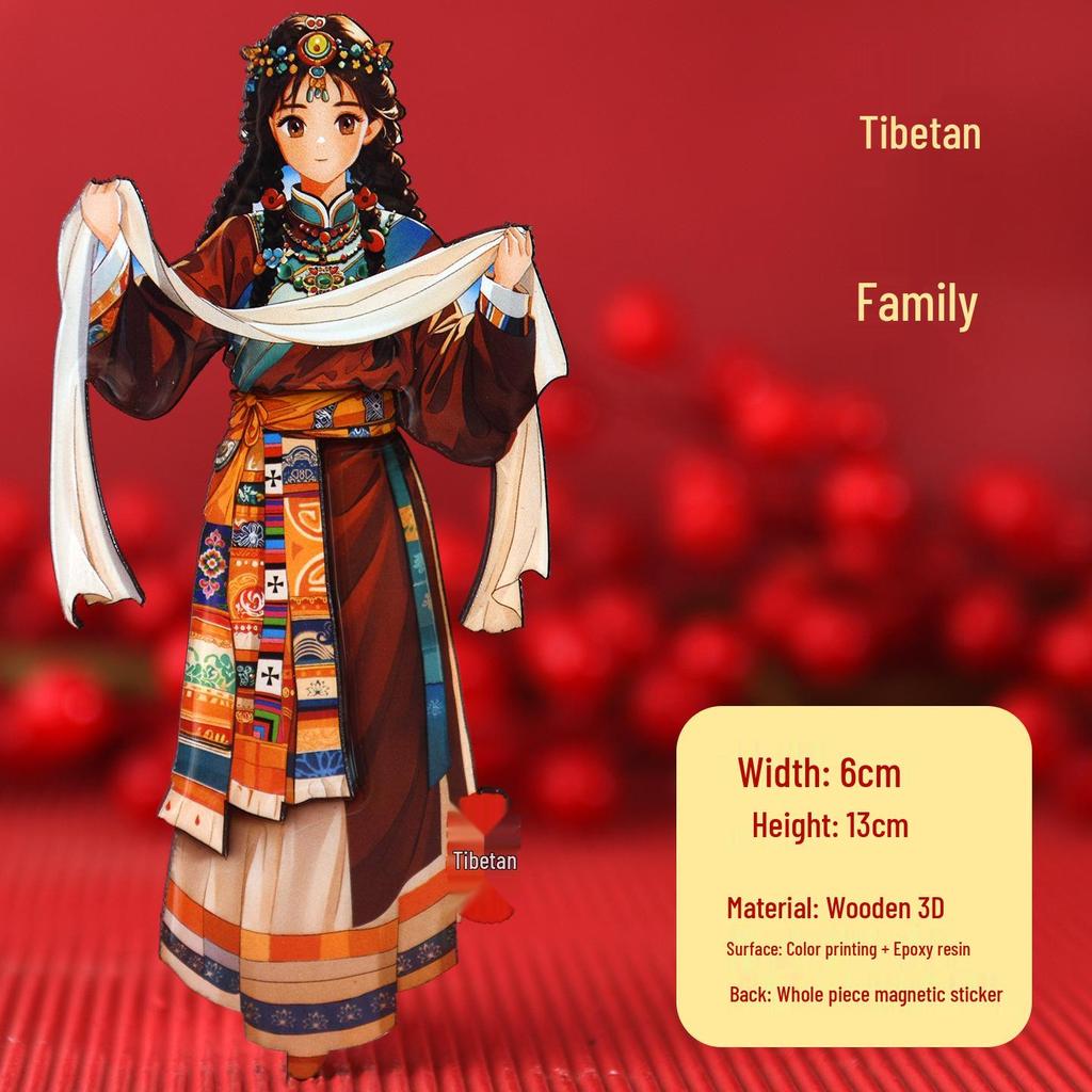 Chinese Ethnic Figures Wooden Magnets - Cultural Souvenir Stickers