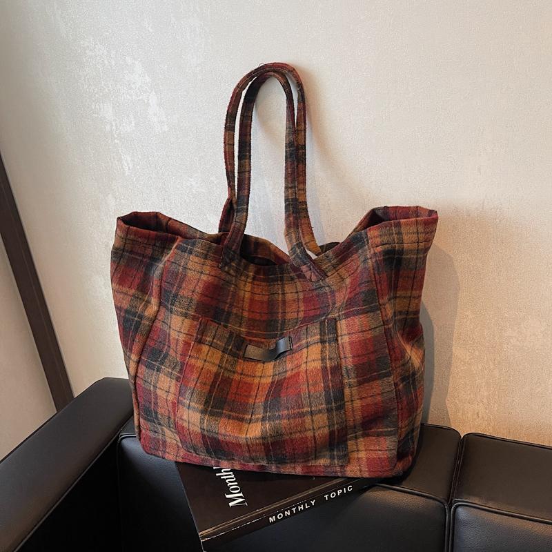 Woolen Plaid Big Bag Women's Portable Tote Bag Commuter Shoulder Bag