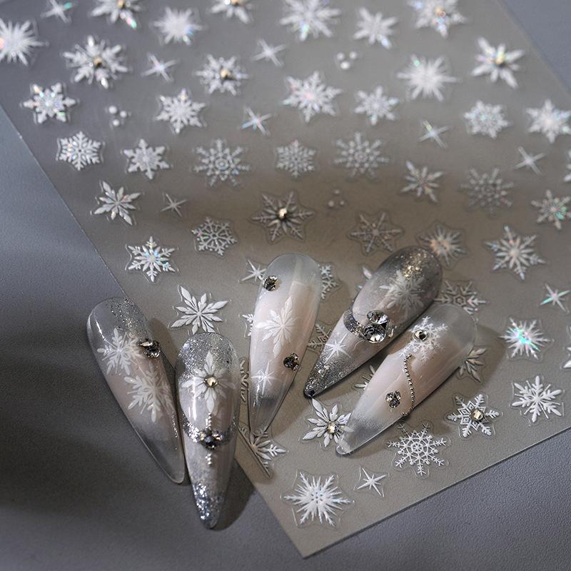 Silver White Snowflake Rhinestone Star Love Lace Winter Chic Snow Shiny Chic Delicate 5D Nail Art Stickers Manicure Decals