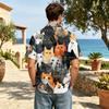 Herren Freizeit Hemd Kurzarm Leinen Baumwolle Mischung Button-Down Kragen Leichtes Sommer Top mit Katzenmuster Druck Entspannte Passform