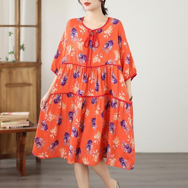 Kurzarm Übergröße Baumwoll-Leinen Vintage floral Neu im Sortiment Kleider für Damen Freizeit locker Midi Sommerkleid
