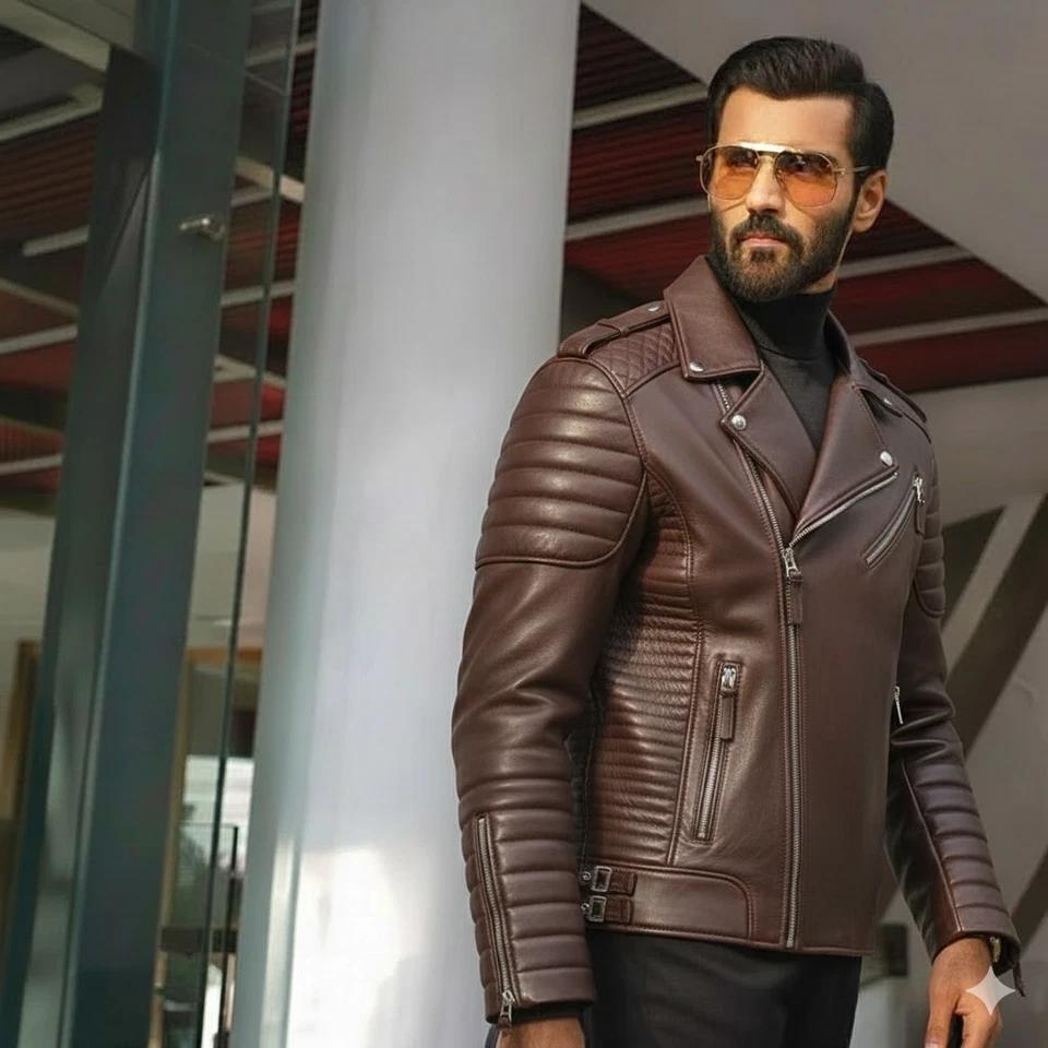 Lambskin Leather Brown Men's Handmade Jacket Real Motorcycle Biker Stylish Causal