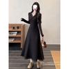 French temperament collar lace flower knitted dress women's clothing beautiful autumn and winter waist slim long skirt
