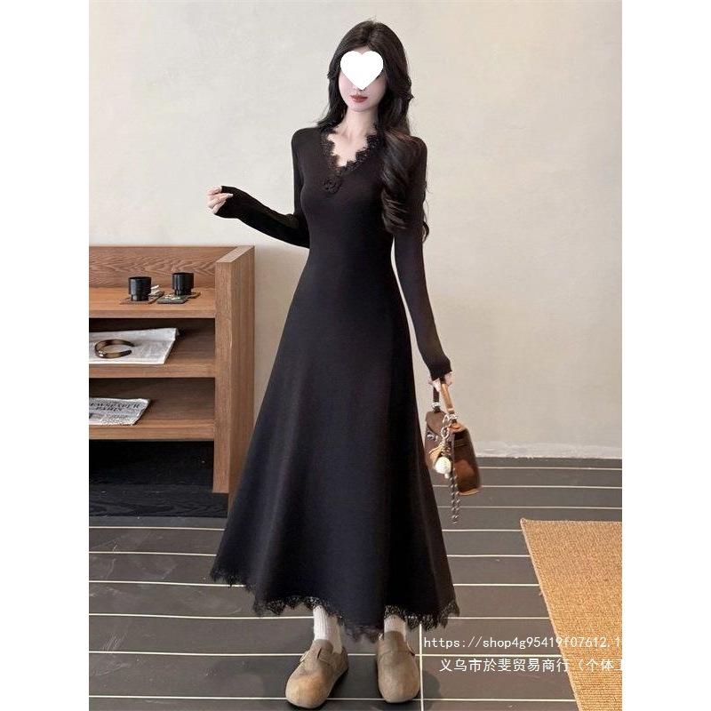 French temperament collar lace flower knitted dress women's clothing beautiful autumn and winter waist slim long skirt