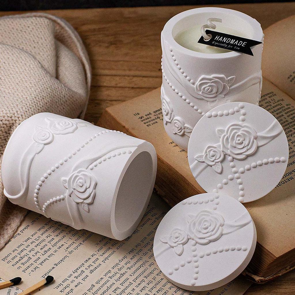 Pearl Ribbon Rose Candle Jar Silicone Mold DIY Relief Flower Shape Storage Box Making Molds Plaster Resin Vase Home Crafts Decor