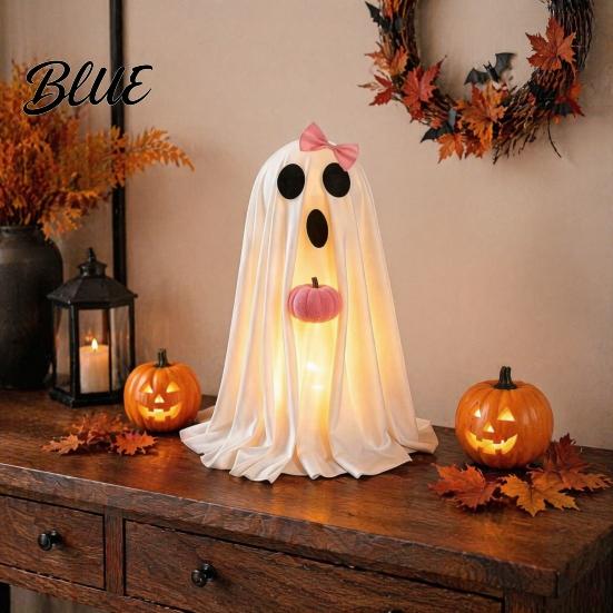 Indoor Window Ornaments Creepy Cute Decoration White Light-Up Halloween Ghost with Pumpkin Holiday Figurines Standing Tabletop for Home Party