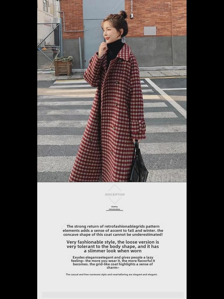 Women's 2024 Plaid Woolen Coat: Korean Style, Mid-Length, Slim Waist with Pockets, Thick for Winter
