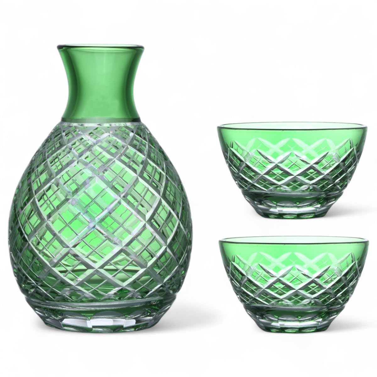Mizukage Glass Cut Glass Cup Sake Set Sake 2 Sake Diamond Pattern Green Current Model J-kitchens (1 Bottle, Cups)