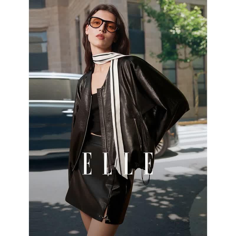 ELLE Women s French V-Neck Faux Leather Jacket M