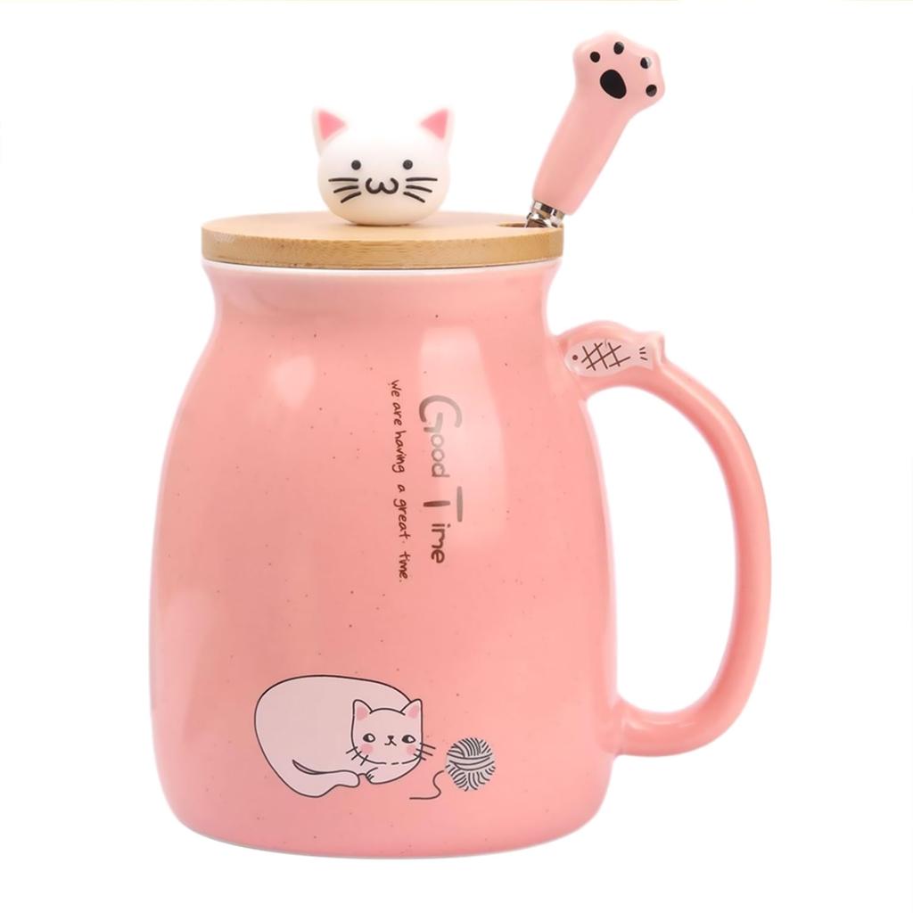Kawaii Tea Cup Cute Cat Ceramic Coffee Mug with Kitty Lid and Spoon Japanese Style Novelty Gifts for Women Cat Lover Gifts 16oz