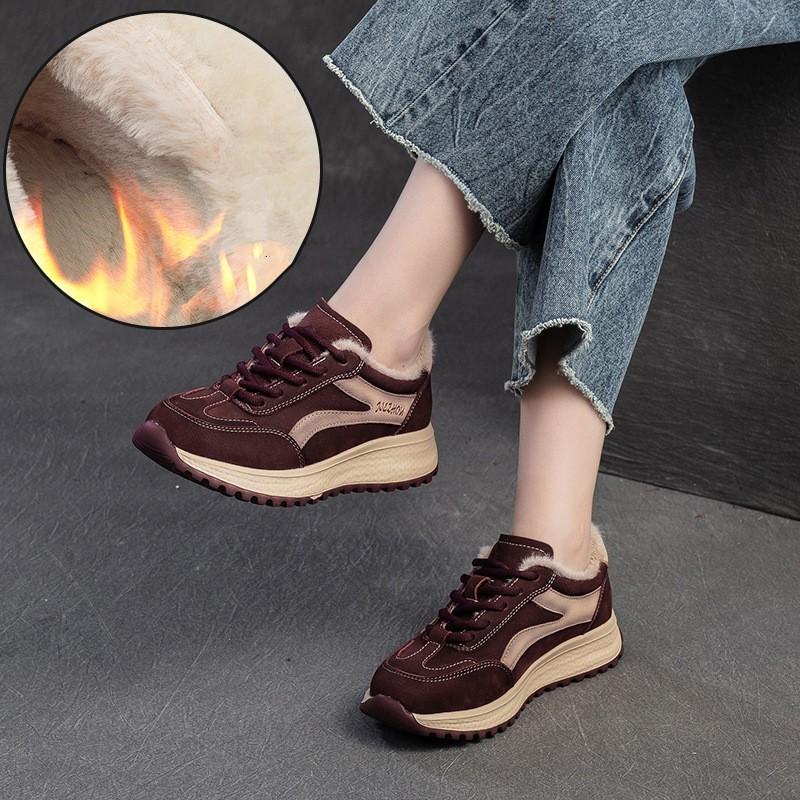Johnature Genuine Leather Sneakers Plush Warm Cotton Shoes Retro Versatile Casual Women's Shoes