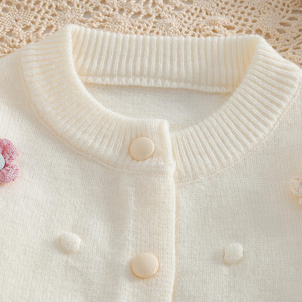 Girls' Beige Knitted Cardigan 2-8 Years Soft Sweater Coat with Colorful Flowers Fashion Toddler Girl Autumn Winter Top