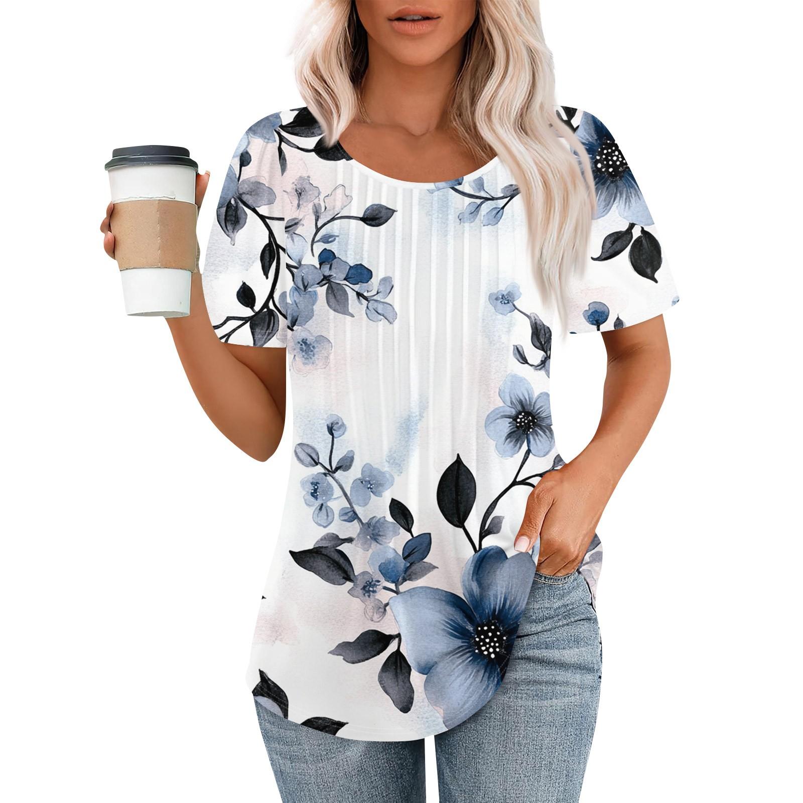 

Женская модная повседневная плиссированная футболка в полоску с круглым вырезом и цветочным принтом с короткими рукавами, топ XL арбуз красный