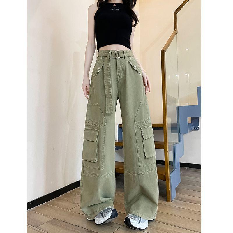 

Рабочие джинсы с широкими штанинами и большим карманом для женщин на весну и лето, популярные одинарные, американские с высокой талией, стройнящие, свободные прямые брюки XS