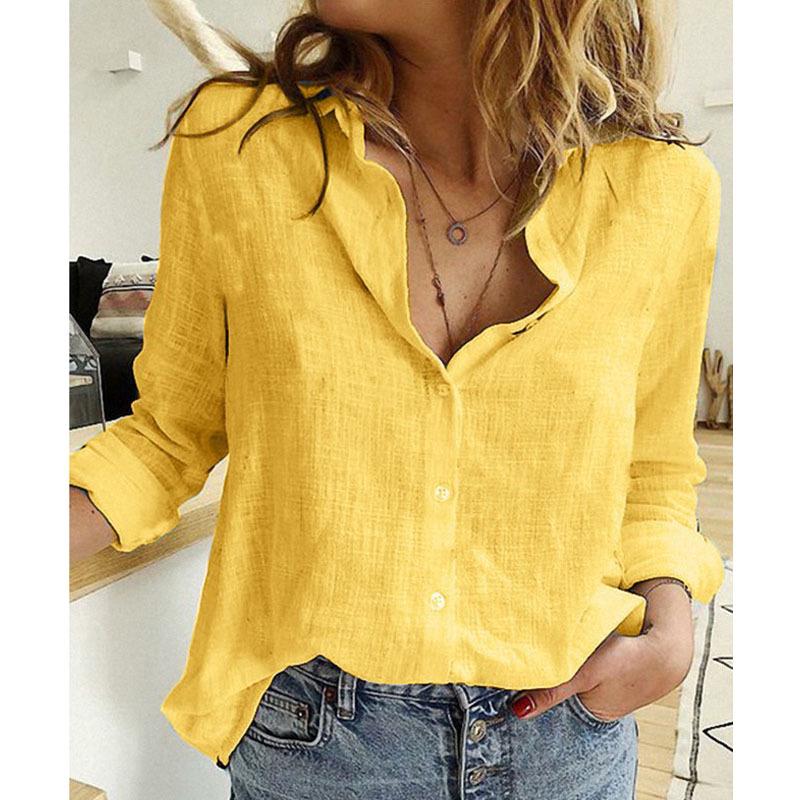 2023 European & American Women's Casual Loose Long Sleeve Cotton Linen Shirt - Solid Color