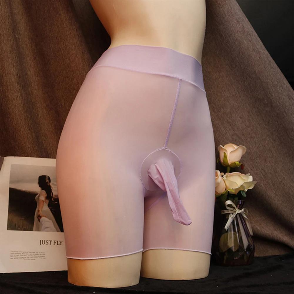 Sheer Shiny Ultra-Thin Boxer Short Men Pantyhose Sissy Penis Pouch Underwear High Waist Nylon Plus Size Open Peni Sheath Tights
