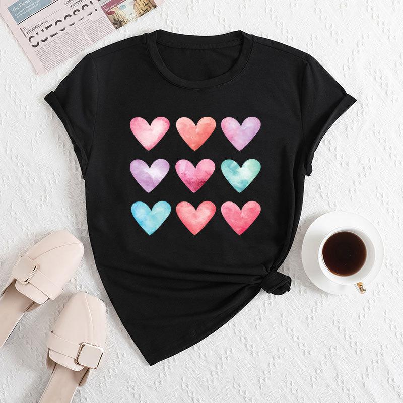 Summer Women's Plus Size Color Heart Print Loose Round Neck Casual Pure Cotton Short Sleeved T-shirts Women's