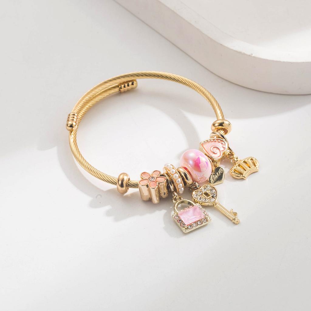 Adjustable Crown Key Charm Beaded Bangle Stainless Steel Alloy Pendant Bracelet for Women Girls