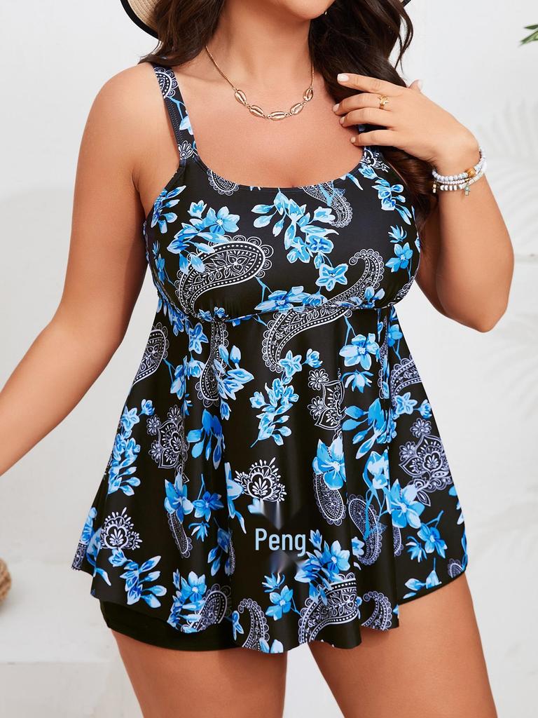 European American Plus Size High-Waisted Skirt Tankini Swimsuit - Slimming Tummy Cover