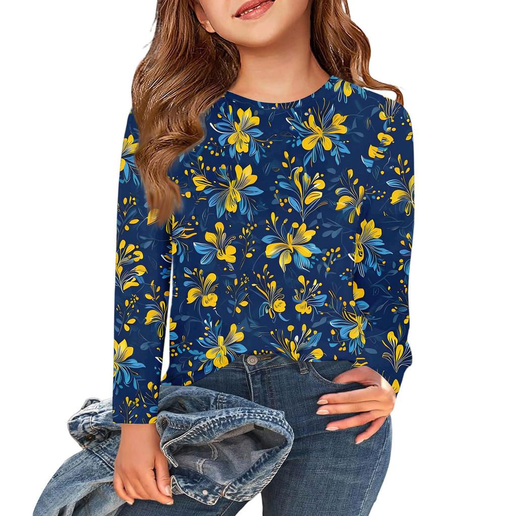 Children's Long Sleeve Tops Casual Print T Shirt Round Neck Pullover Blouse