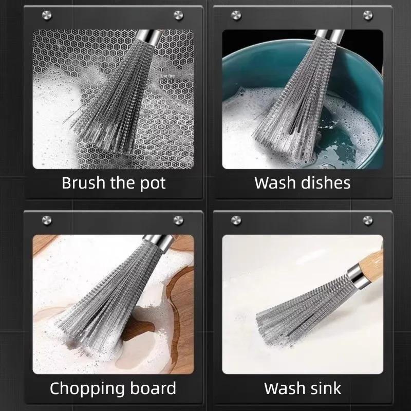 Stainless Steel Pot Brush with Long Handle Multi-functional Kitchen Cleaning Scrubber for Pans And Sink Includes Hanging Tool