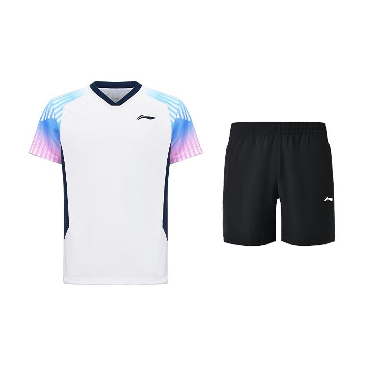 

Li-Ning Высококачественный Динамичный Полосатый Легкий Дышащий Топ с V-образным вырезом Удобные Шорты прямого кроя на кулиске Повседневный Спортивный Комплект AAYV199-1+AKSU789-3 M