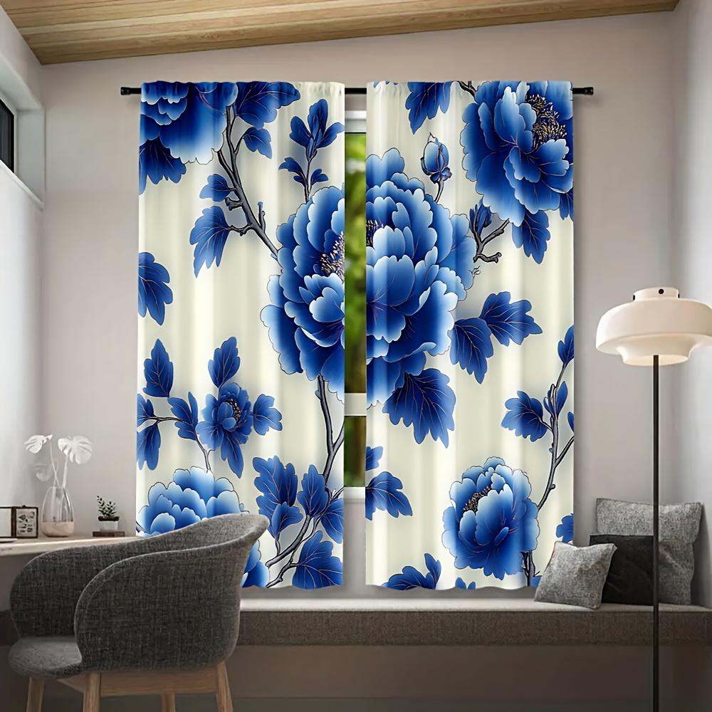 Set Of 2 Window Curtains Blue White Flowers Versatile Fabric Without Electricity Carnival Decor Curtain Made Polyester
