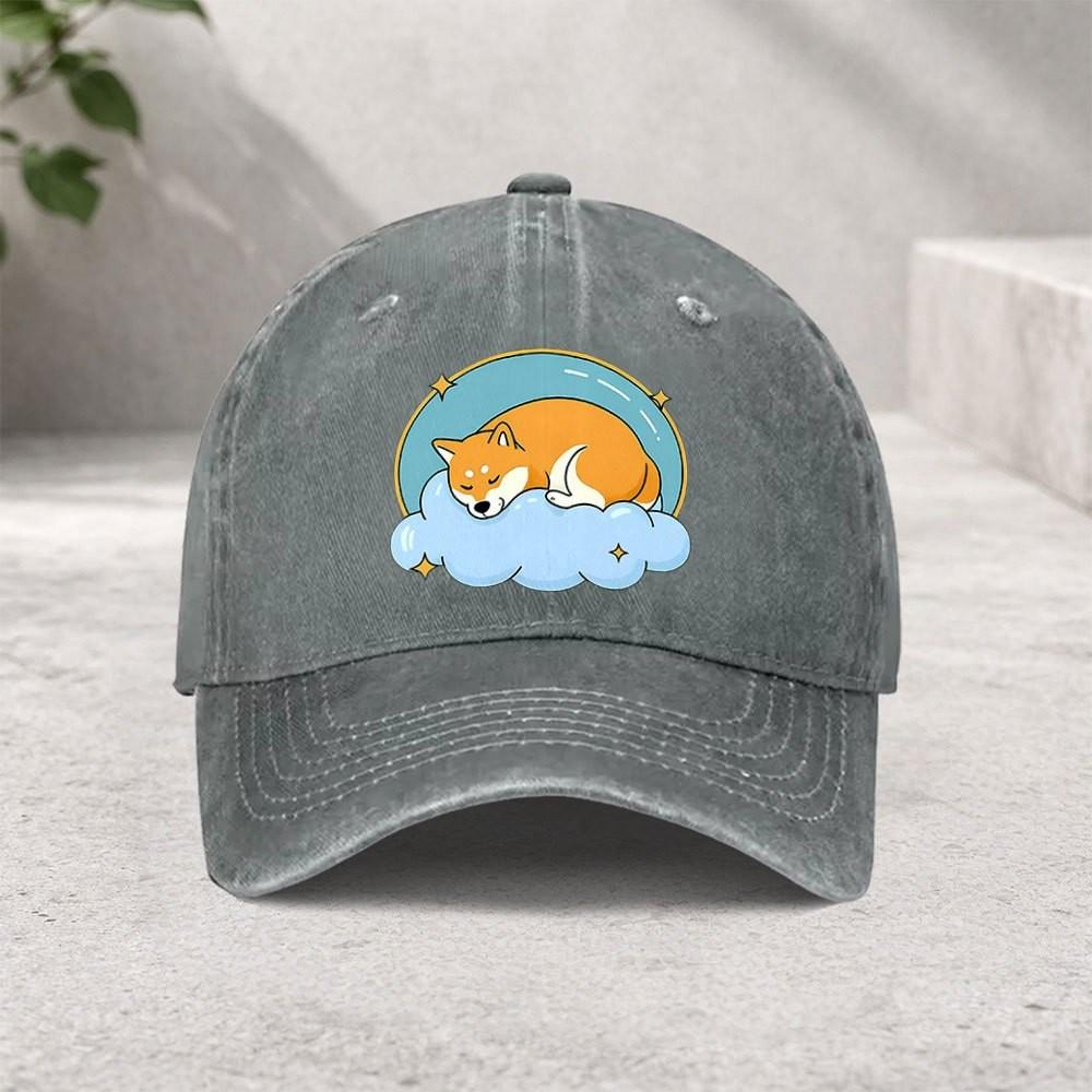 Sleeping Shiba Inu Cloud Graphic Washed Denim Baseball Cap Unisex Adjustable Outdoor Sun Hat