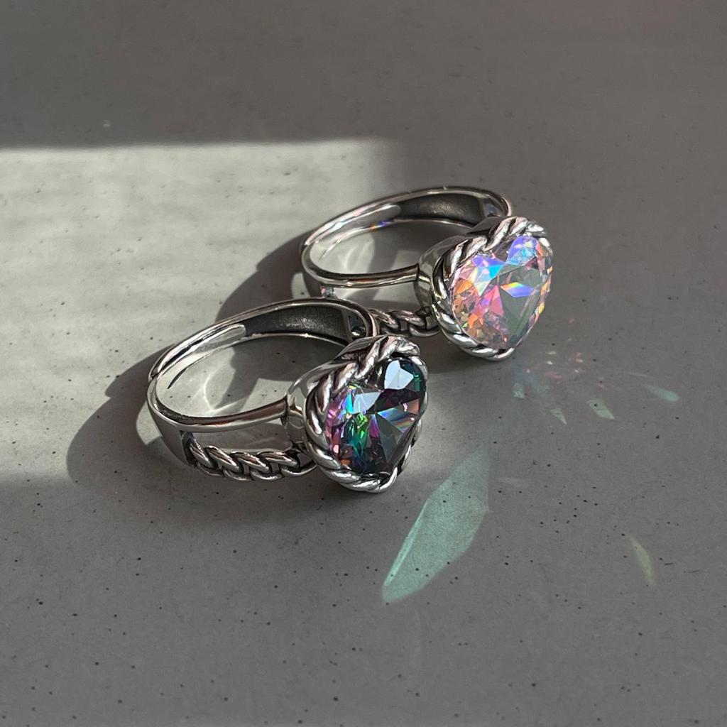 Korean-Japanese Vintage Iridescent Zircon Heart & Wave Adjustable Ring for Women