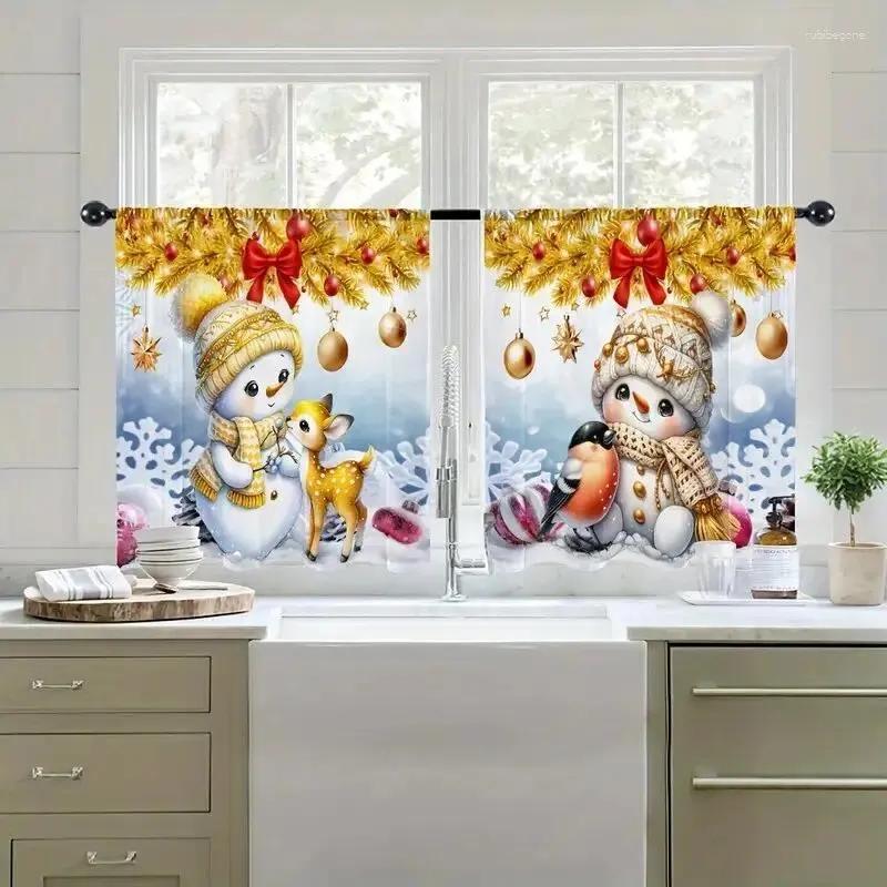 

2pcs Sand Gold Christmas Snowman Printed Curtains: Suitable for living room/daily use pole type translucent gauze curtains 100*130 Rod Pocket 1pcs