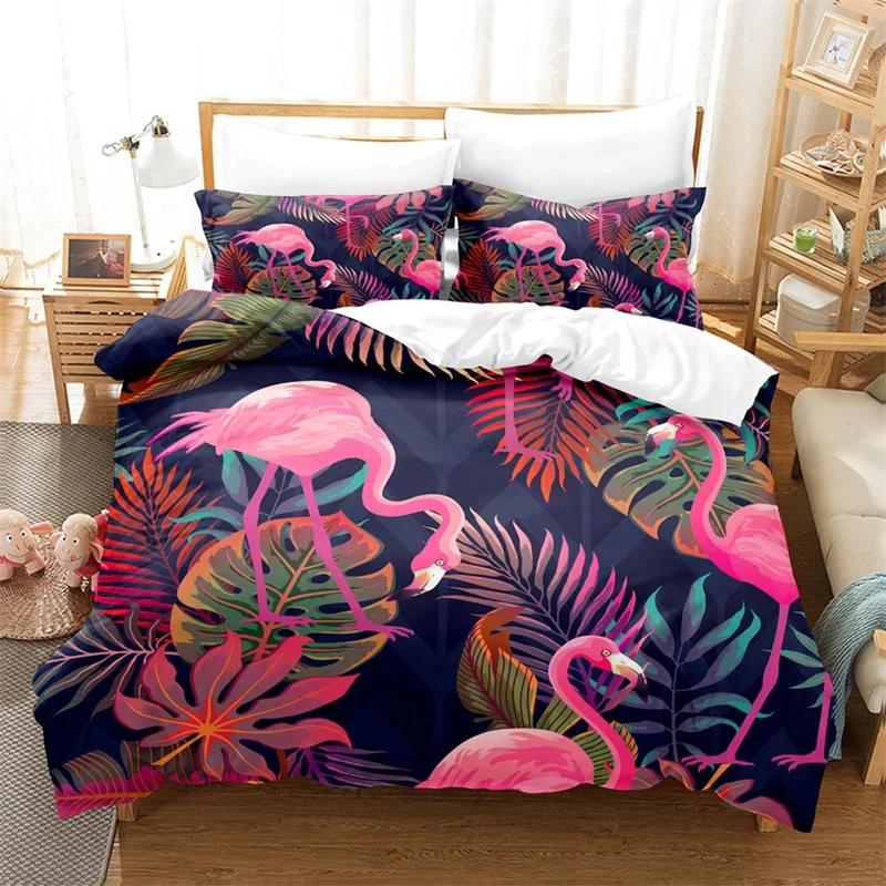 Flamingo Bettbezug Tropische Palmenblätter Bettwäschebezug Polyester 3D Blumiges Bettwäsche-Set Twin King Für Mädchen Jungen Zimmerdekor