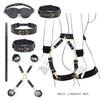 Four-Horse Adult SM Restraint Set: Handcuffs, Foot Cuffs, Waist & Thigh Velcro, Collar, Eye Mask Combo.