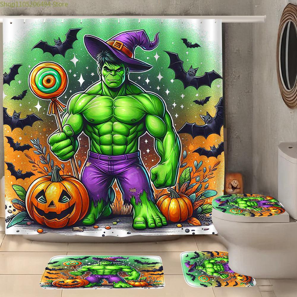 Hulk Power Bathroom Set 4PCS! Angry Green Face Full Print Waterproof Shower Curtain with Mat, Marvel Avengers Decor Gifts