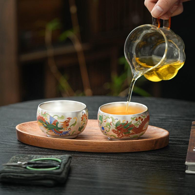 Gold Thread Enamel Gilded Sterling Silver Tea Cup: Auspicious Dragon and Phoenix Design - Creative Gift Set.
