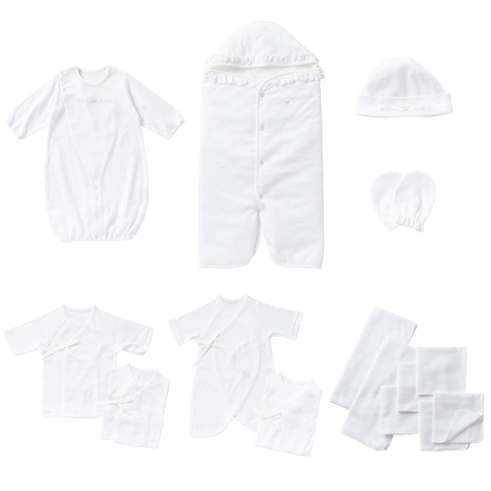 

Cream de Coco Angel Heart Baby Afghan Combination Gauze Bath Gauze for Immediate Postpartum Made in 15-Piece Set Two-Way All-in-One, Hat, Undershirt,