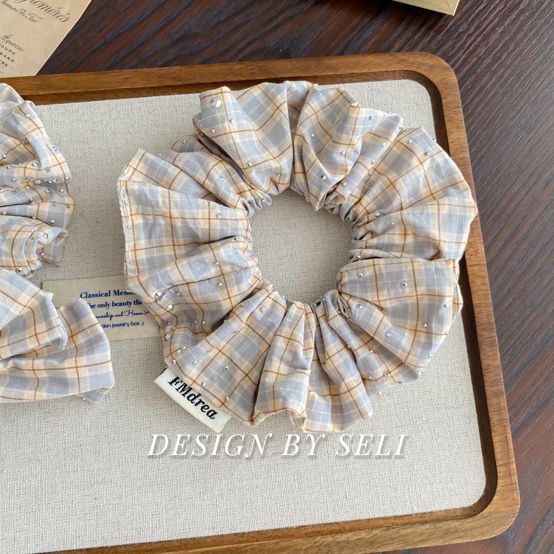 Korean Rhinestone Bow Plaid Hair Tie - Elegant Retro Fashion Hair Accessory