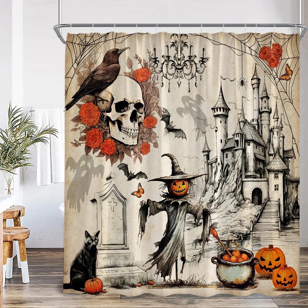 

Halloween Shower Curtain Sugar Skull Flower Gothic Castle Scarecrow Black Cat Pumpkin Witch Witchcraft Vintage Bathtub W60H190(CM)-1 Pcs
