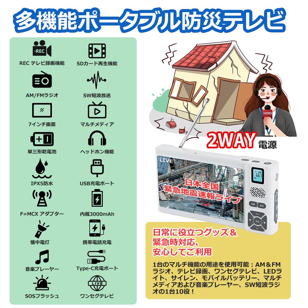 [Released In 2025] Portable Disaster Prevention RadioTV with 7-inch Large Screen, IPX5 Waterproof, USB Powered, Photo, Music, and Video Playback,