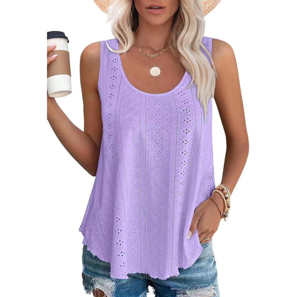 Women's Round Neck Loose Solid Color Hollow Out Sleeveless T-shirt Top