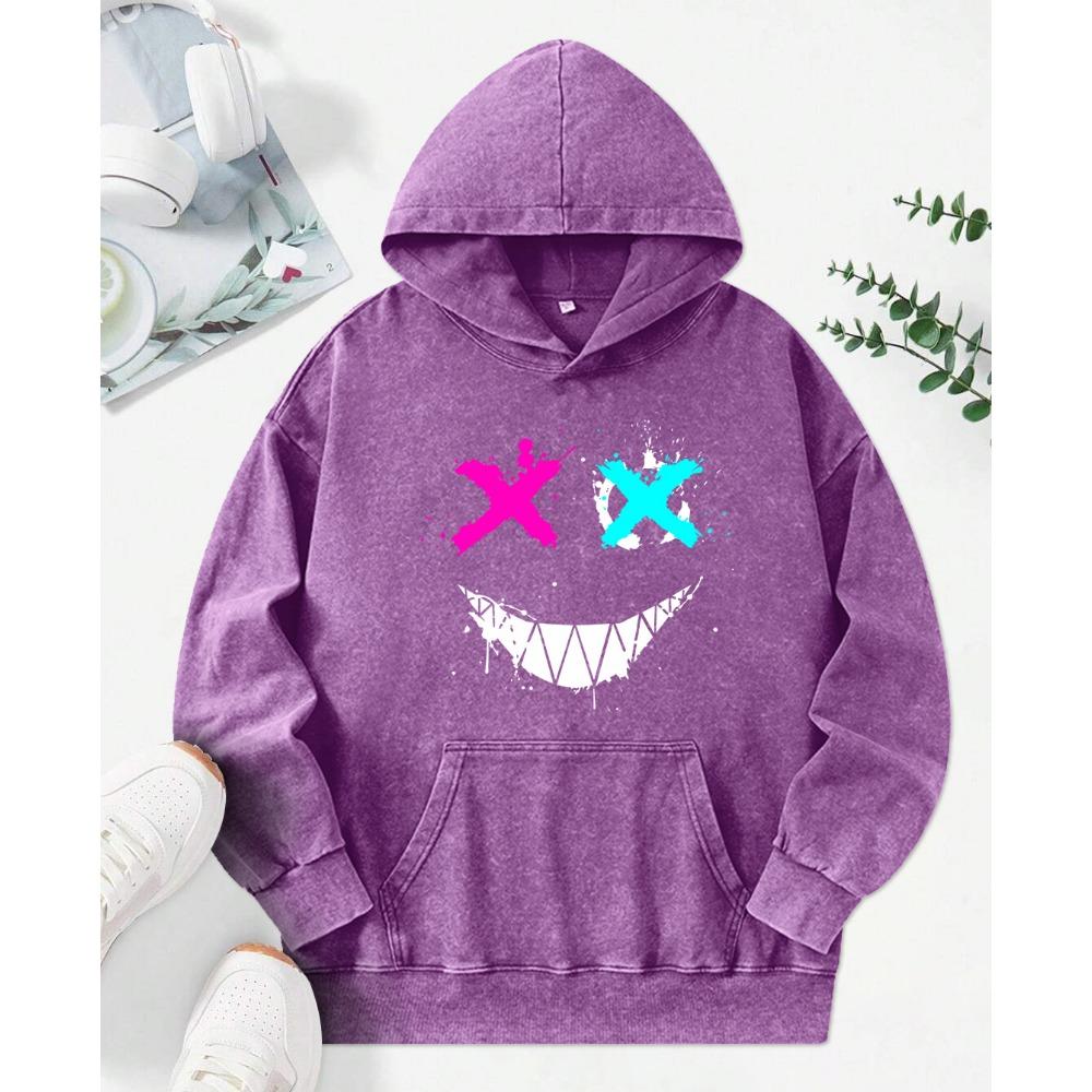 Strange Smiling Expressions Print Washed Hoody For Women Fashion Cotton Streetwear Personality Autumn Loose Top Soft Hoodies