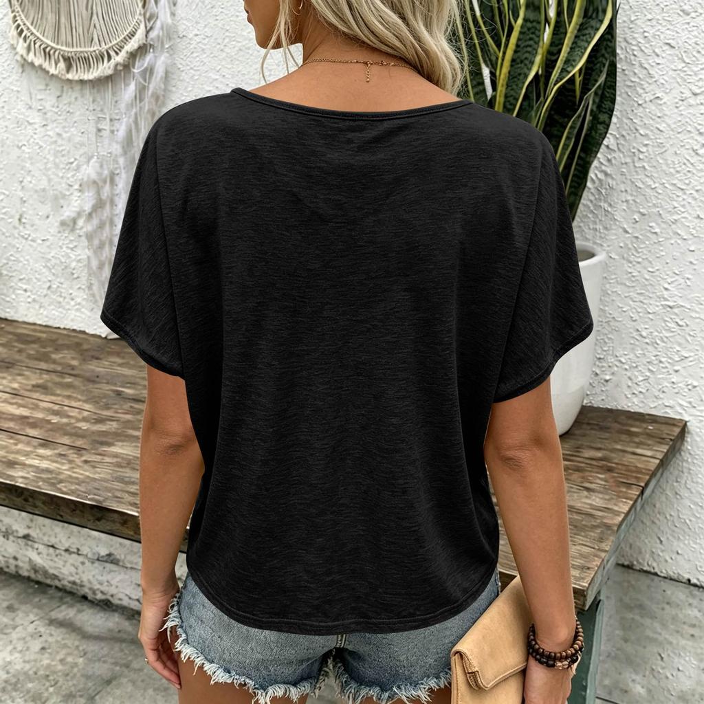 Loose Fit V Neck Short Sleeve T Shirt Casual Lightweight Wrinkled Texture Summer Top for Women Comfortable Everyday Wear