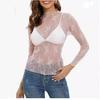 Women's Mesh Transparent Lace Layered Top Neck See-Through Shirt