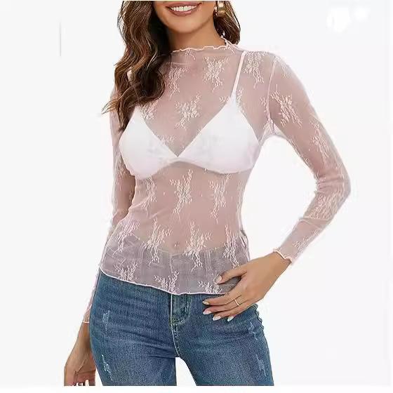 Women's Mesh Transparent Lace Layered Top Neck See-Through Shirt